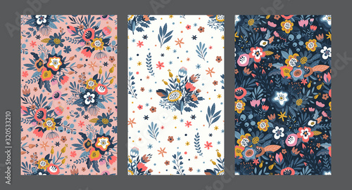 Set of vector colorful natural floral seamless patterns