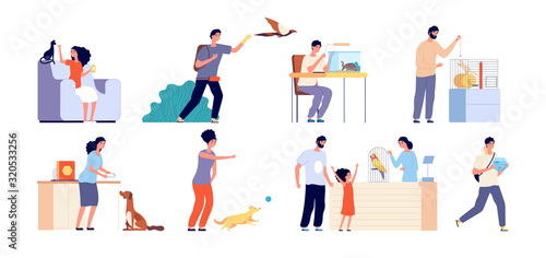 Pet owner. Woman with pets, dog adoption. Scenes people and wild or domestic animals. Humans with cat, birds or reptile vector illustration. Characters with pets, bird and puppy, parrot and tortoise