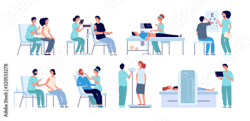 Medical check up. Doctor checking patient, eyes test and physical health. Hospital pre operation procedures. Male female checkup vector set. Medical doctor, patient diagnostic illustration