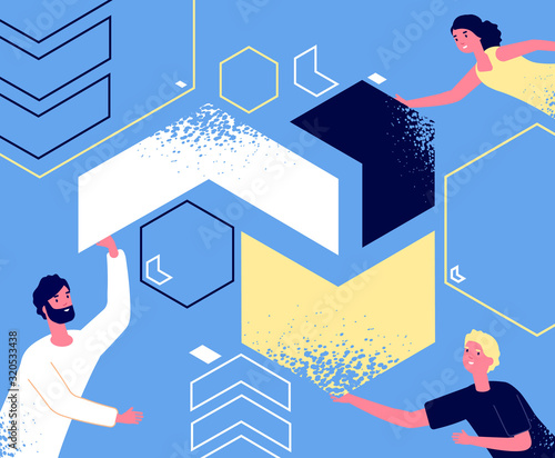 Friendship. Teamwork, people holding puzzle piece. Connected persons, male female team. Youth business collaboration. Startup vector concept. Illustration collaboration piece and connected parts