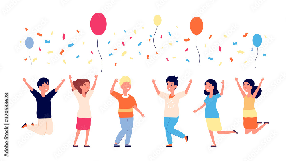 Children birthday party. Happy kids jumping, balloons and confetti. Cartoon  child, dancing characters. Group of friends vector illustration. Happy  children party, birthday fun celebration Stock Vector | Adobe Stock