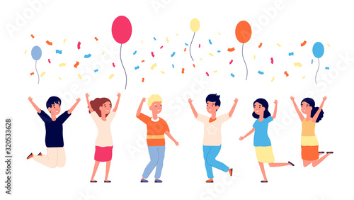 Children birthday party. Happy kids jumping  balloons and confetti. Cartoon child  dancing characters. Group of friends vector illustration. Happy children party  birthday fun celebration