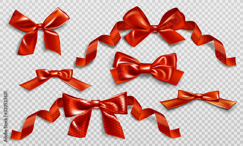 Fotografia Red bows with curly ribbons and heart pattern set