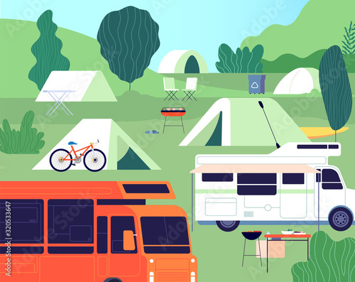 Tourist camp. Sunny forest tree camping, outdoor restfulness. Tourism tools, summer rest tents, cars and bonfire. Nature vector background. Forest recreation, adventure camp, journey illustration