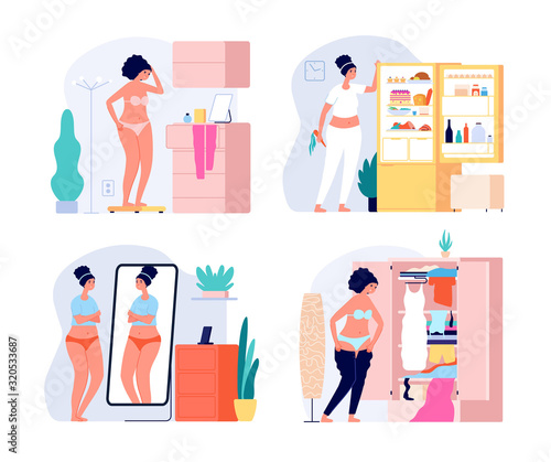 Fat woman. Weight problems, size plus girl and mirror. Unhappy female in underwear, depression due obesity. Body positive vector concept. Fat body figure woman, girl overweight unhealthy illustration