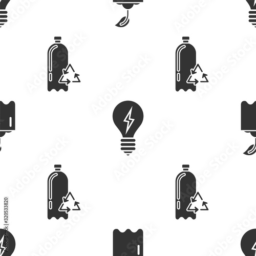 Set Sprout in bottle, Light bulb with lightning symbol and Recycling plastic bottle on seamless pattern. Vector