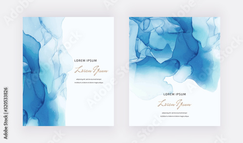 Blue alcohol ink cards with geometric marble frames. Abstract hand painted background. Fluid art painting design. Trendy template for banner, flyer, wedding invitation, product package