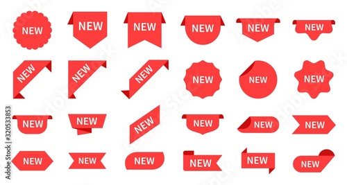 New arrival. Red product labels, retail messages. Product tag, store promotion sign. Circle shape and corners for goods vector stickers set. Product store, promotion new retail tag illustration