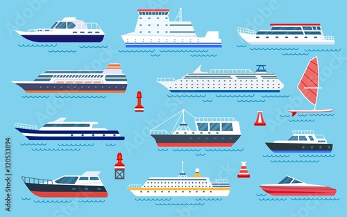 Flat ships. Speed boats, sea transport. Flat cruise yachts, sailboat and motorboat. Cartoon ocean transportation and shipping vector set. Illustration motorboat and cruise, ocean speed yacht
