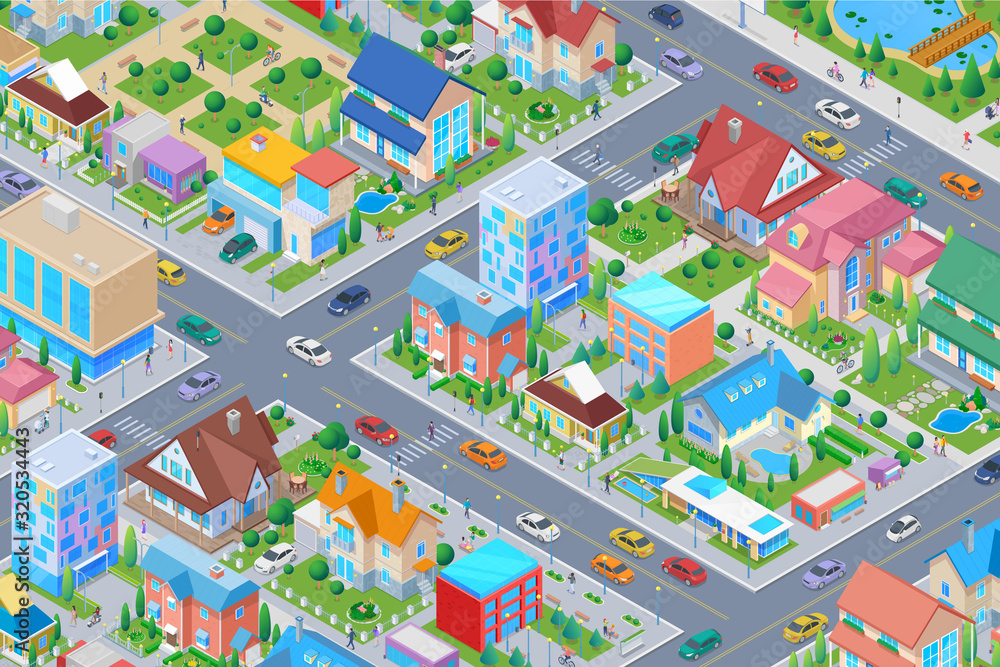 Isometric Smart city District with different Buildings Flat vector illustration. Houses Cottages Administrative Architecture with street cars trees