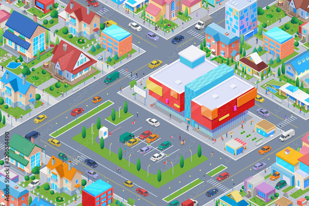 Fototapeta premium Isometric Shopping Mall in Smart city Flat vector illustration