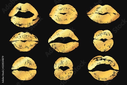 Golden lips. Lipstick imprint with shimmer, luxury gold glamour makeup. Metallic sparkle lips, shine trendy texture for decorative vector design