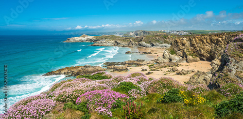 Obraz na płótnie Stunning coastal scenery with Newquay beach in North Cornwall, England, UK
