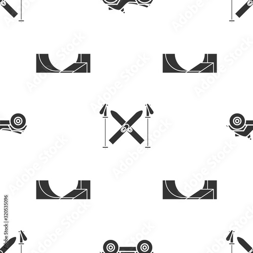 Set All Terrain Vehicle or ATV motorcycle, Ski and sticks and Skate park on seamless pattern. Vector