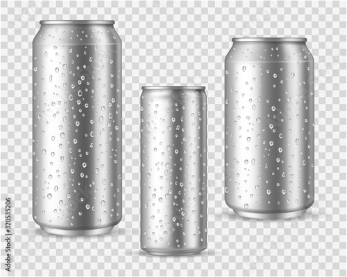Realistic cold cans. Silver or aluminium metal wet blank energy drink and beer cans with droplets vector mockups
