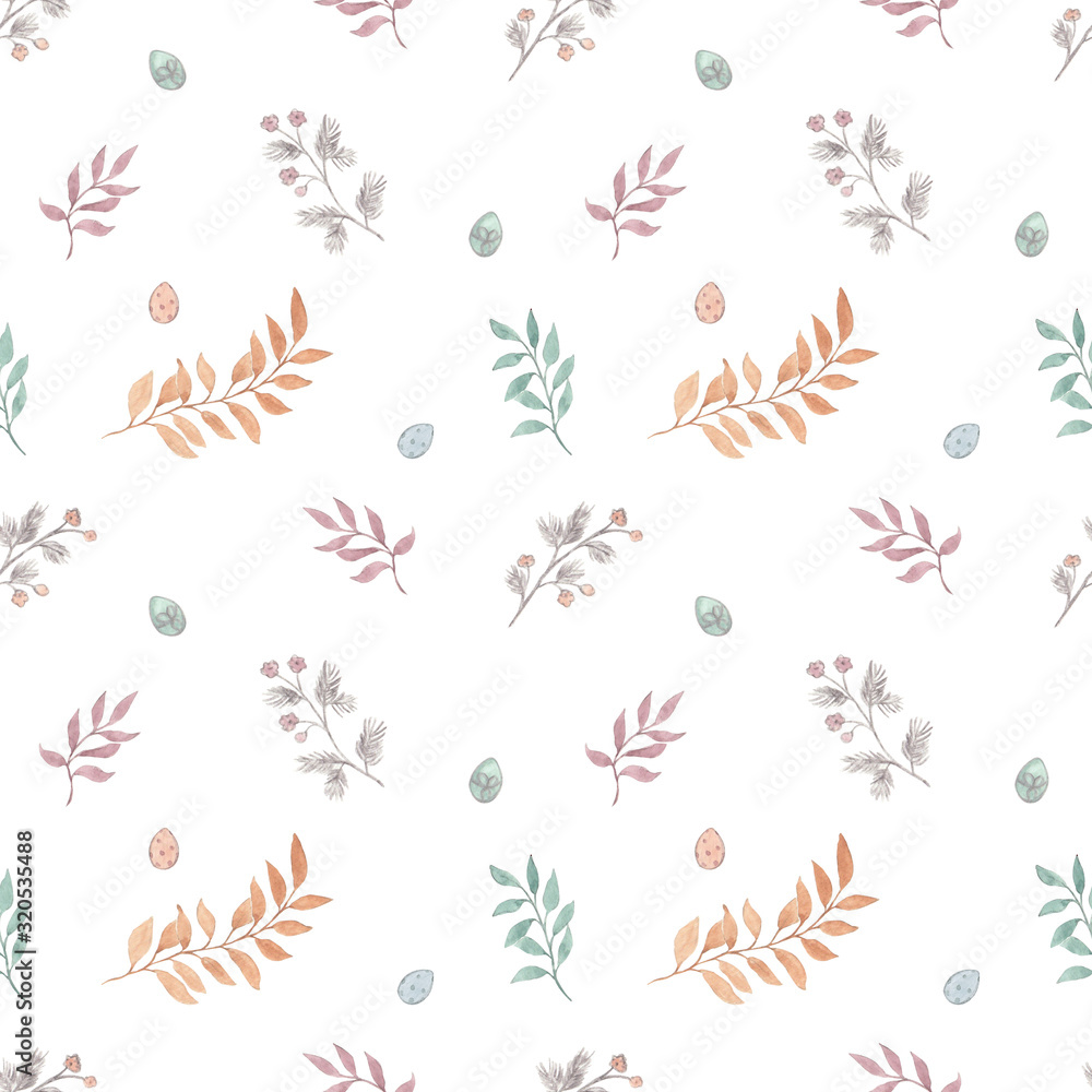 Seamless hand painted pattern with easter eggs and floral vintage