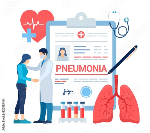 Medical diagnosis - Pneumonia. Lungs infection. Medical concept of bacterial pneumonia. Lung disease diagnosis. Coronavirus symptoms. Doctor taking care of patient. Vector illustration.