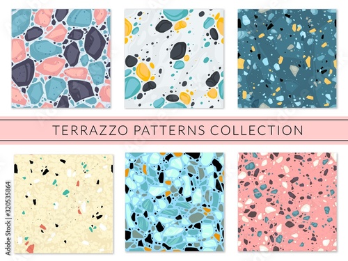 Terrazzo seamless pattern. Italian decorative stone tile with chaotic stains, granite mosaic composite texture print background, vector set