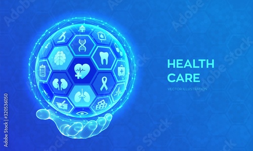 Health care and medical services concept. Emergency service Healthcare diagnosis and treatment. Abstract 3D sphere or globe with surface of hexagons with icons in wireframe hand. Vector illustration.