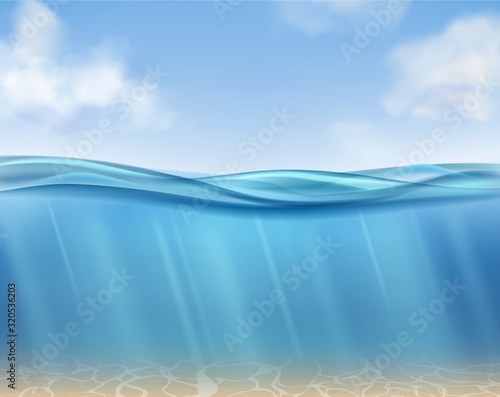 Ocean surface. Underwater blue water ocean, suns rays and seabed. Clouds, sea waves horizontal panorama. Isolated realistic vector texture