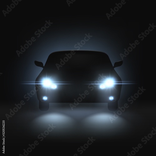 Car headlights. Realistic car with bright headlights in dark, rays light and white blur shadows, night automobile silhouette vector mockup