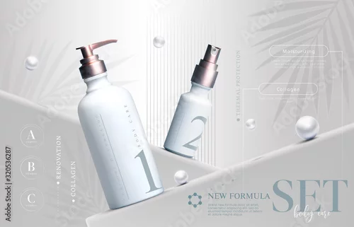 Obraz Vector 3D elegant cosmetic products set background premium cream jar for skin care products. Luxury facial cream. Cosmetic ads flyer or banner design. Cosmetic cream template. Makeup products brand.
