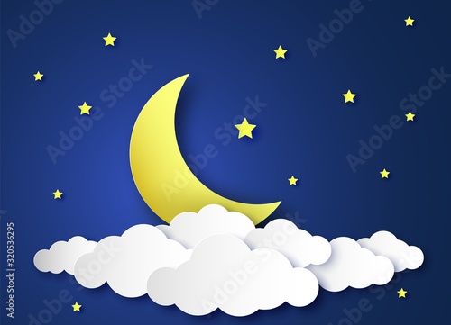 Paper night sky. Paper art origami style, clouds and crescent moon, stars midnight landscape, fantasy kids design wallpaper, vector background