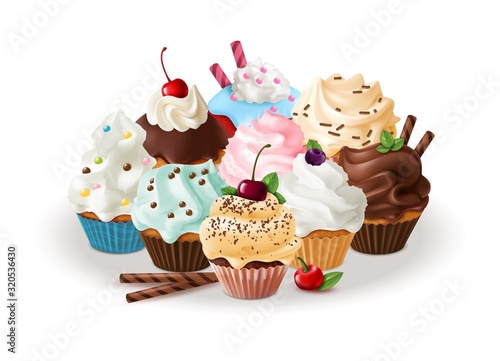Group of cupcakes. Sweets and homemade cupcake with caramel, meringue in box for shop vector desserts