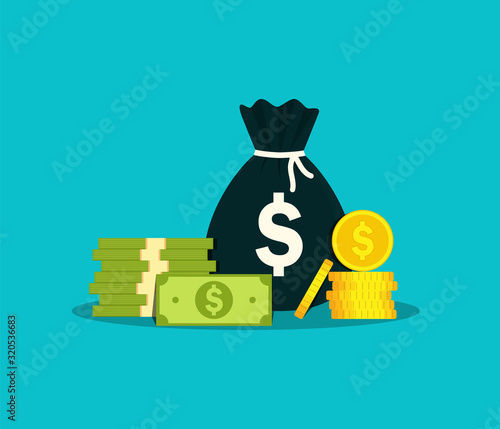 Money bag for salary. Moneybag with million cash in flat style. Sack of euro for investment in business. Debt concept. Bagful, stack dollar, pound for work on isolated background. vector illustration.