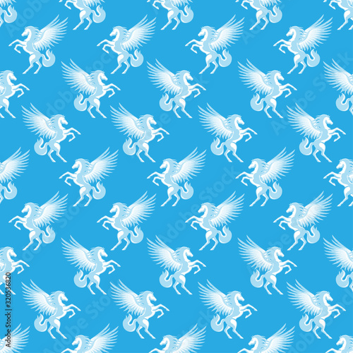 Seamless pattern with white pegasuses on a blue background.