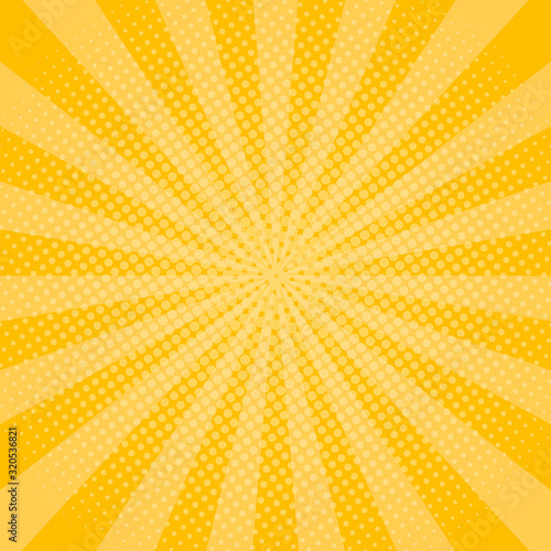 Yellow rays background with halftone effect. Shine sunburst for comic book. Pop art banner with dots. Summer wallpaper in retro style. Design graphic frame with star beam. vintage vector illustration.