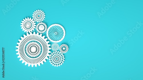 Arrangement of blue gears symbolizing cooperation and teamwork. Place for text. Minimal concept 3d render. White gears on blue background.