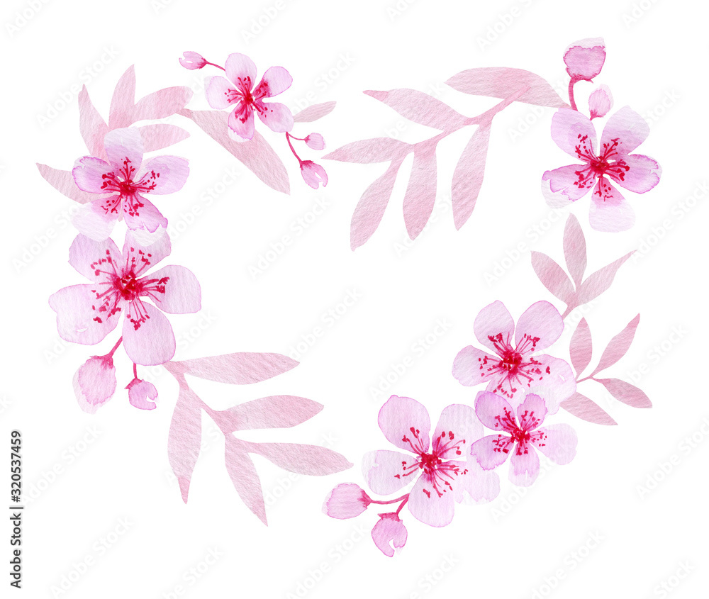 Obraz Elegant hand drawn watercolor florals element combined into a heart frame. Valentine's love design. Loose watercolour pastel pink leaves, sakura flowers and cherry buds