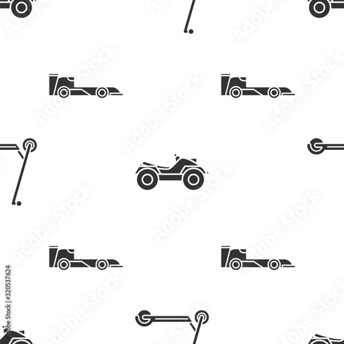 Set Scooter, All Terrain Vehicle or ATV motorcycle and Formula race car on seamless pattern. Vector
