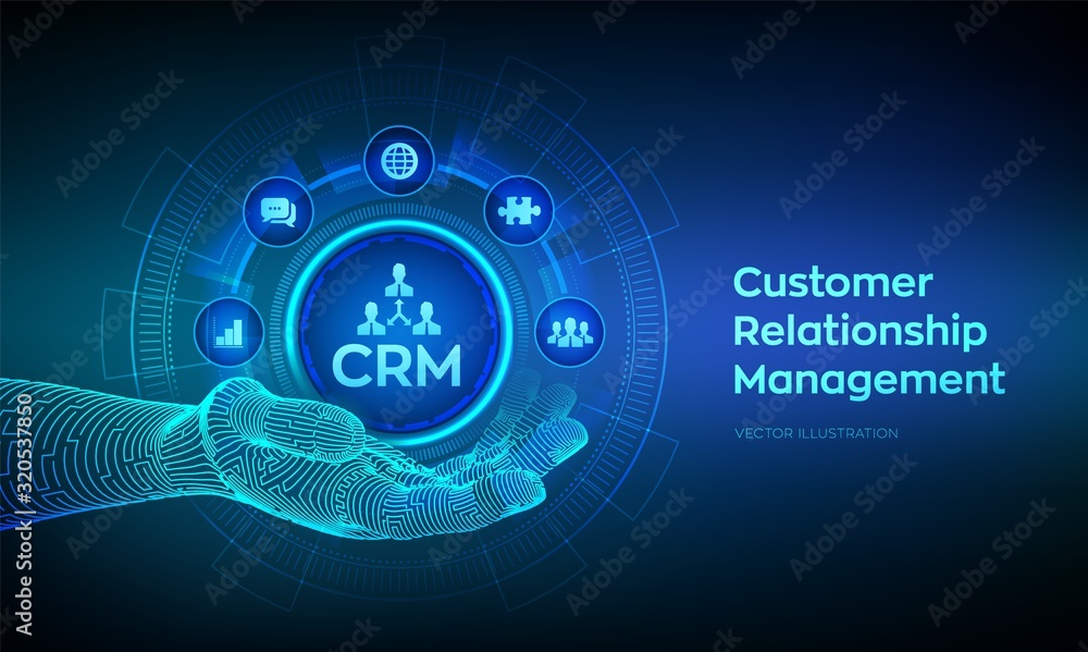 Obraz premium CRM icon in robotic hand. Customer Relationship Management. Customer service and relationship. Enterprise Communication and planning concept on virtual screen. Vector illustration.