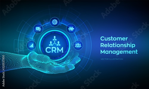 CRM icon in robotic hand. Customer Relationship Management. Customer service and relationship. Enterprise Communication and planning concept on virtual screen. Vector illustration.