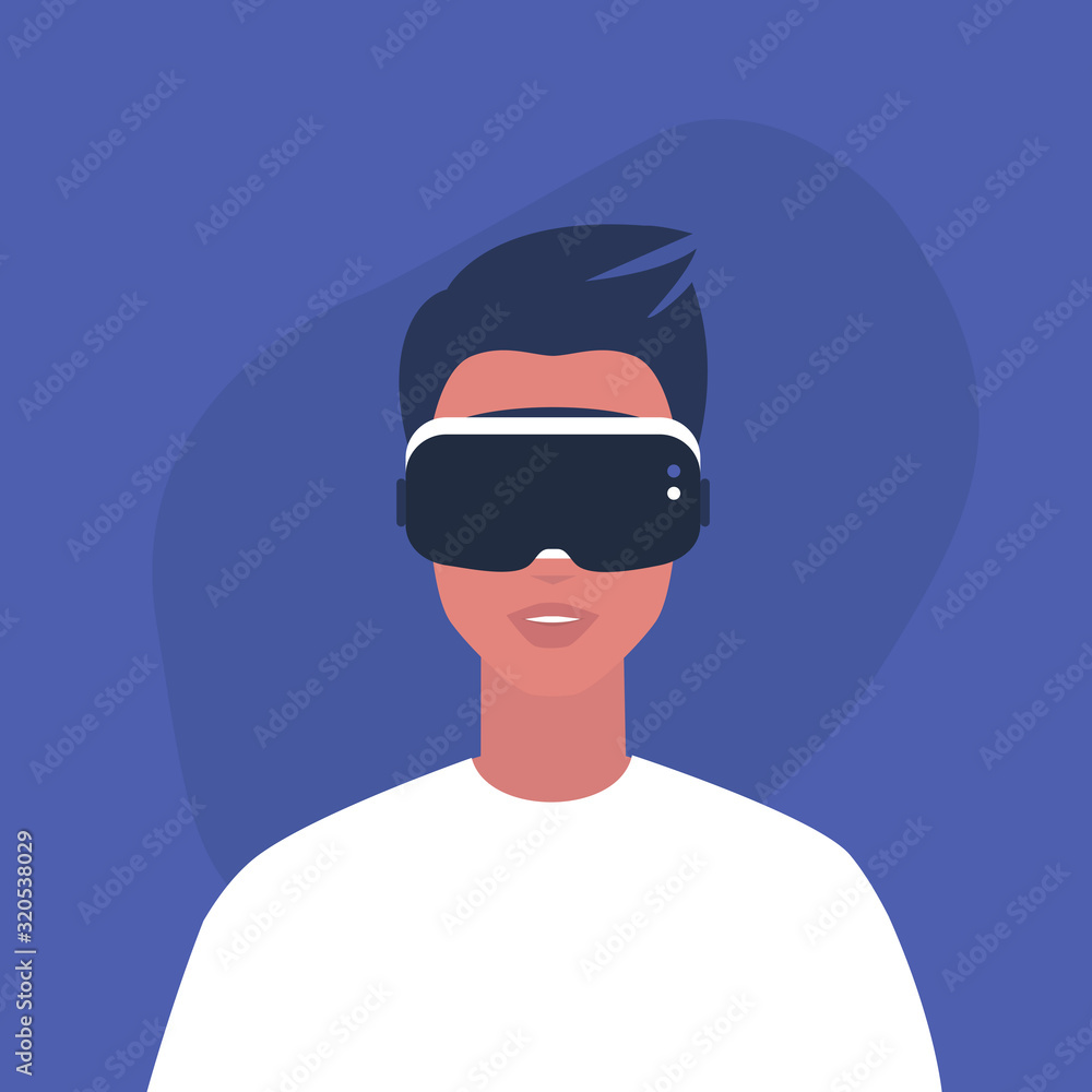 Young male character wearing a virtual reality headset, Millennial gadgets and lifestyle