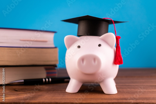 Piggy bank with a graduation hat and a lot of books and a pen on a light blue backround. Student scolarship save concept. Finance concept. photo