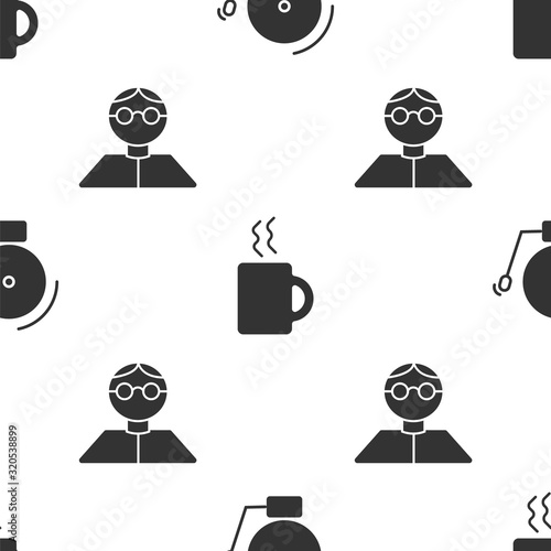 Set Ringing alarm bell, Coffee cup and Student on seamless pattern. Vector