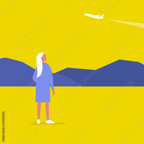 Young female character spotting a plane, outdoor leisure, modern lifestyle