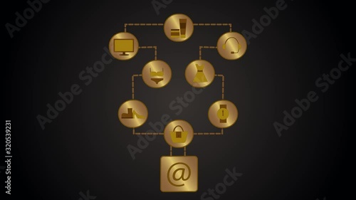 Elegant golden animated icons of internet shop goods for women appearing on black background. Internet shop selling bags, shoes, watches, lingeries, clothes, dress