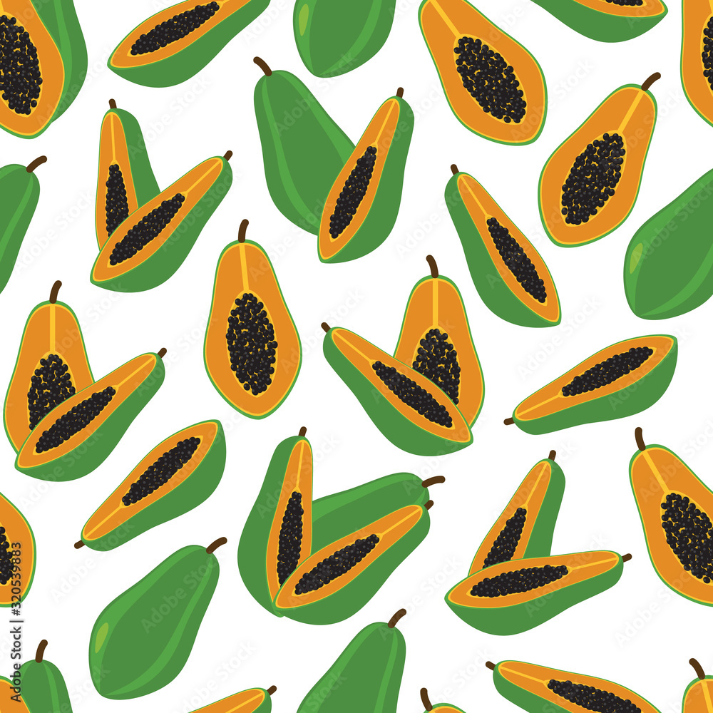 Green and yellow vector papaya seamless pattern background on white surface Green and yellow vector papaya seamless pattern background on white surface