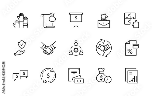 Set of Business Cooperation Vector Line Icons. Contains such Icons as Puzzle, Partnership, Money, Handshake, Dollars, Team, Synergy, Work, Interaction and more.Editable Stroke. 32x32 Pixel Perfect.
