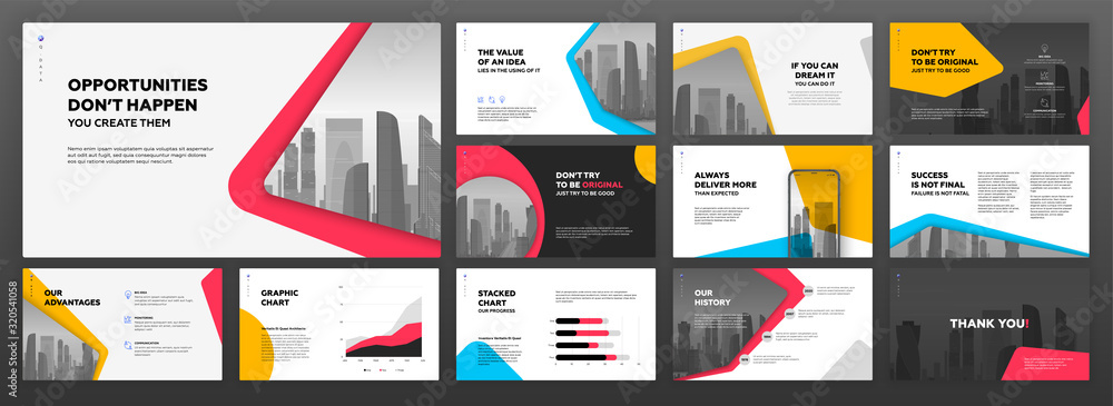 Naklejka Business powerpoint presentation templates set. Use for modern keynote presentation background, brochure design, website slider, landing page, annual report, company profile, banner.