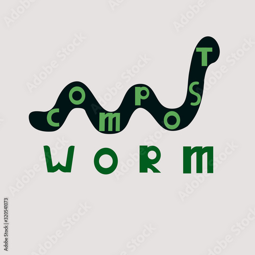 Compost worms. Worm earthworm black silhouette animal. Lettering. Vector Illustration isolated for logo, web design