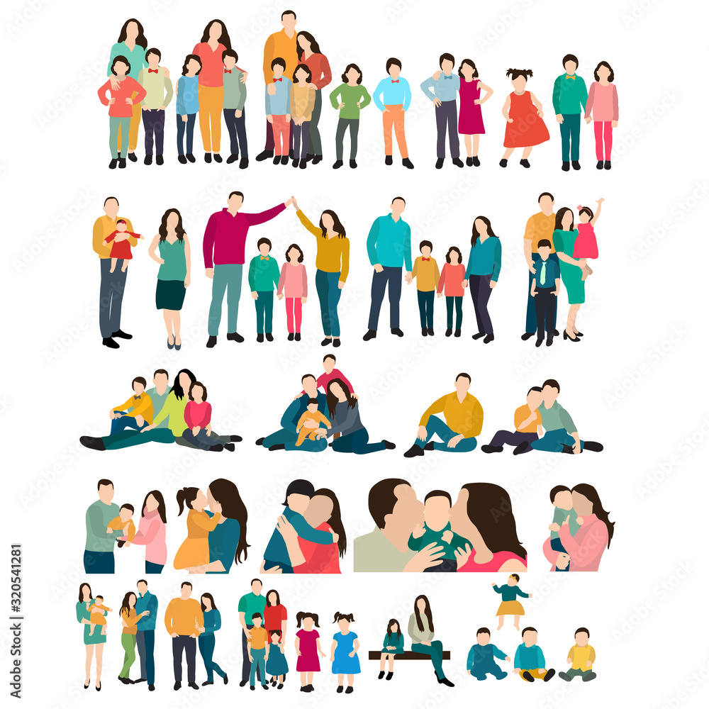  isolated, set of people with children in a flat style