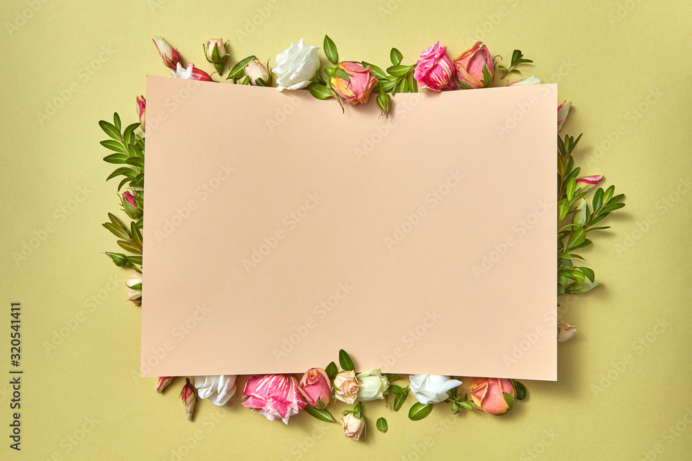 Paper congratulation card with flowers frame.