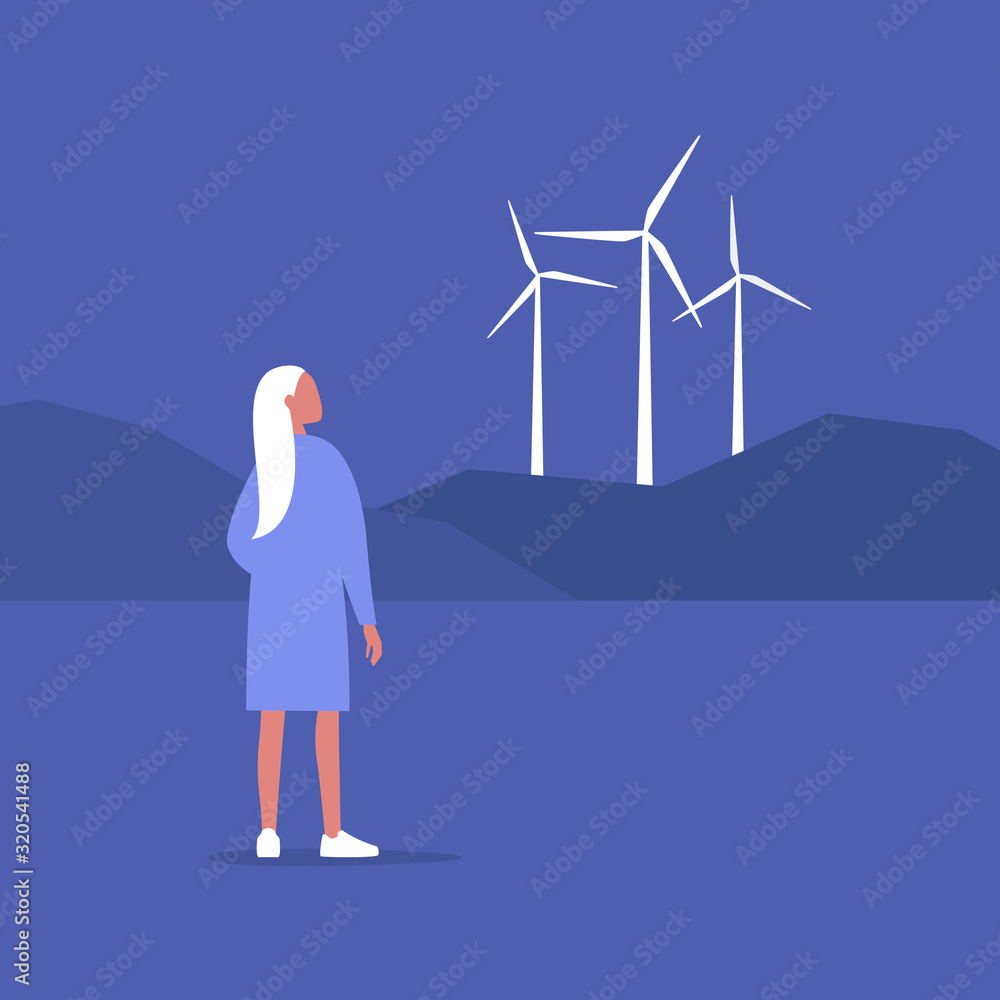 Renewable energy source, young female character looking at the wind turbines on the horizon, Eco friendly responsible behaviour, sustainability