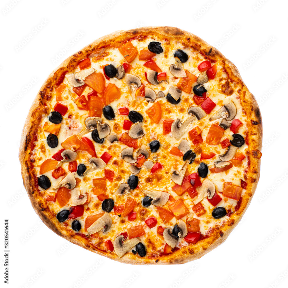 Pizza with different toppings on a white background top view Pizza with different toppings on a white background top view