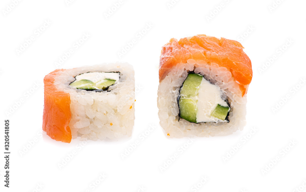 sushi and rolls with different toppings in two pieces close-up on a white background sushi and rolls with different toppings in two pieces close-up on a white background